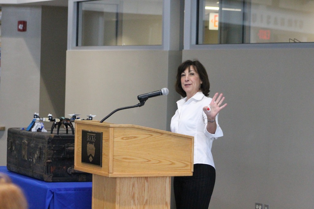 Lisa Angelo, dean of the STEM department at the college. looks at the science building that is under construction. Credit: Tom Sofield/NewtownPANow.com