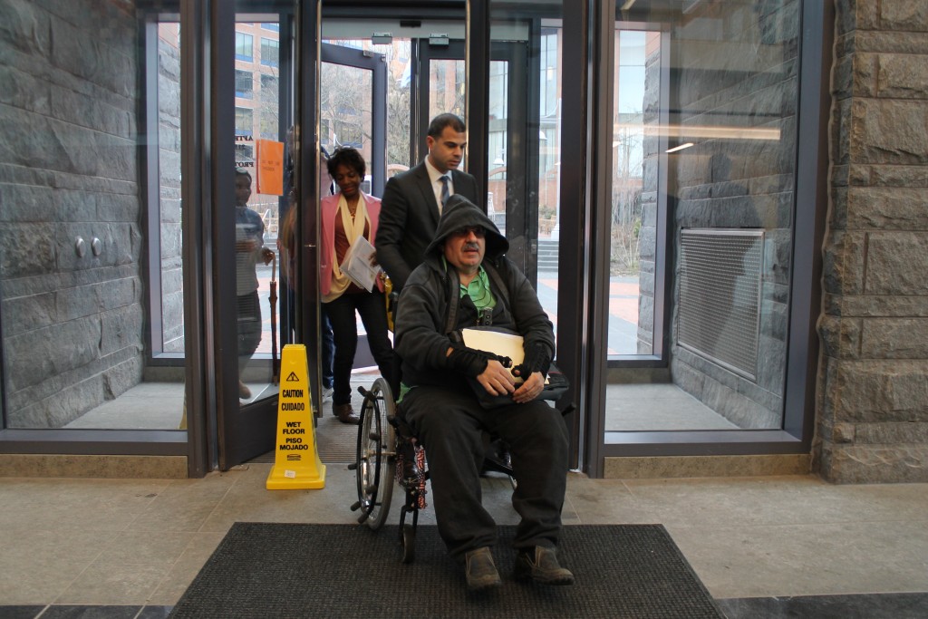 James George Douris after being helped into the Justice Center. Credit: Tom Sofield/NewtownPANow.com