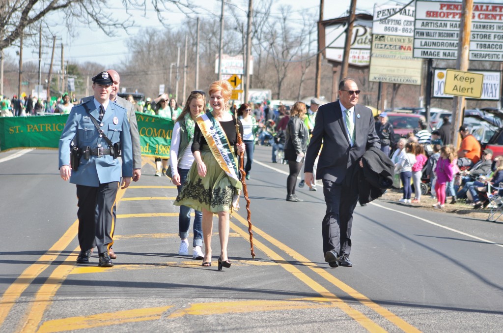 The parade was led by Grand Marshal Maggie Lorady, a resident of Falls Township. The certified Irish dance teacher and former paraprofessional at the Pennsbury School District is the daughter of a military police officer, married to a deputy constable and mother to a police officer. She also serves as a Eucharistic Minister at St. Frances Cabrini Parish. Credit: Tom Sofield/NewtownPANow.com