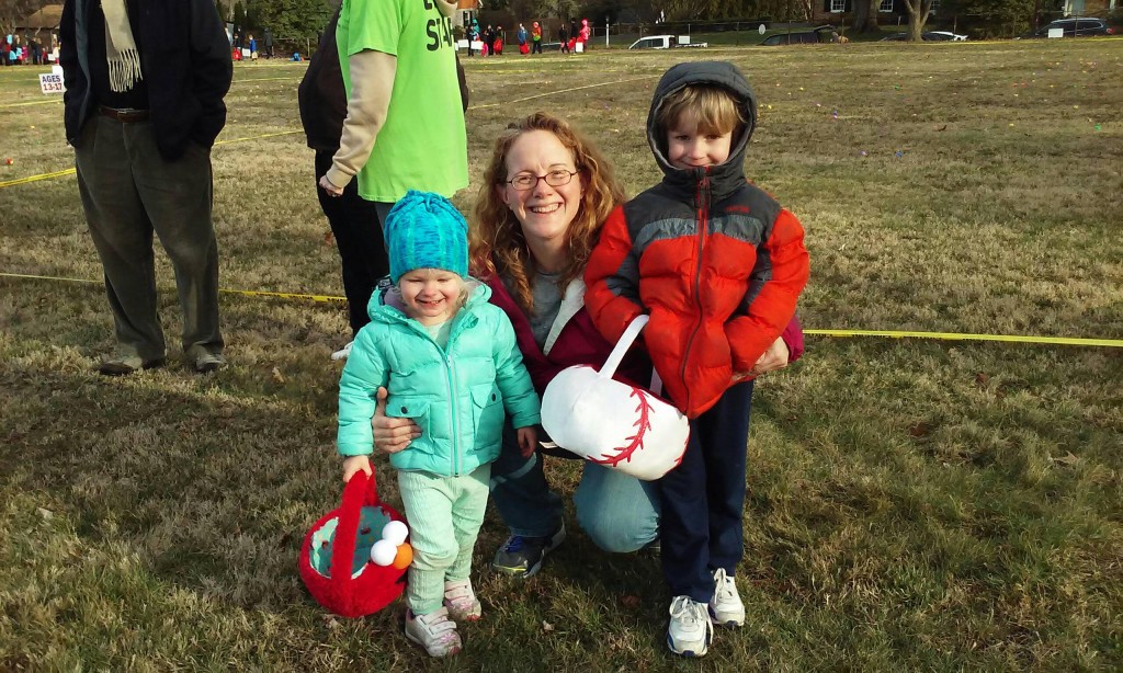 Jen Kline Clark and her children at the egg hunt.  Credit: Ingrid Sofield/NewtownPANow.com