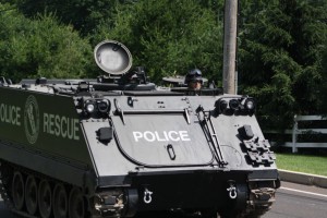 One of the tracked SWAT armored personnel carriers responding to a 2012 standoff in Doylestown. Credit: Tom Sofield/LevittownNow.com
