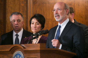 Wolf speaking Monday morning in Harrisburg. Credit: State of PA