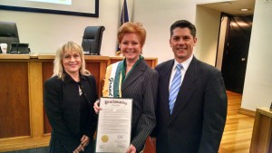 Bucks County commissioners Diane Ellis-Marseglia and Robert Loughery with Grand Marshal Maggie Lorady. Credit: County of Bucks