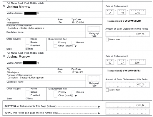 An FEC document filed by the 314 PAC that lists Morrow's 2016 pay.