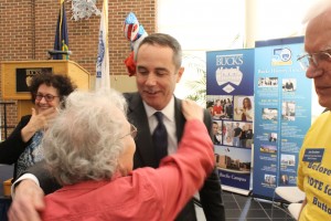 Santarsiero gives a post-debate hug to a supporter. Credit: Tom Sofield/NewtownPANow.com