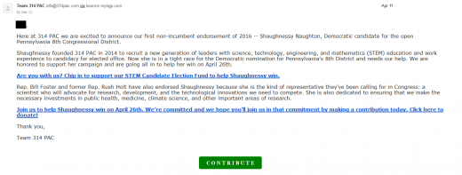 A fundraising email from the 314 PAC.