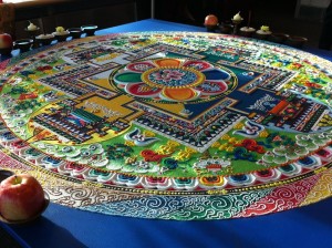 Tibetan Buddhist monks from the Drepung Gomang monastery in India will create a large sand mandala sculpture like this one over the course of five days, April 4 – 8, as part of a residency at Bucks County Community College in Newtown. Credit: Bucks County Community College