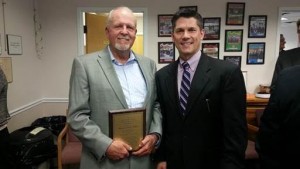 Howard “Chip Baker” (left) receives honorary award for 25 years of outstanding service with Leadership Bucks County from Robert G. Loughery, (right) Commissioner Chairman, County of Bucks and a 1997 Leadership graduate. Credit: Lower Bucks County Chamber of Commerce