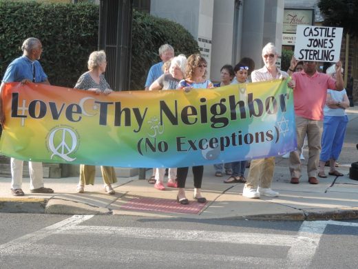 A banner spans in front of the First National Bank at the corner of State Street and Centre Avenue. Credit: Petra Chesner Schlatter/NewtownPANow.com 