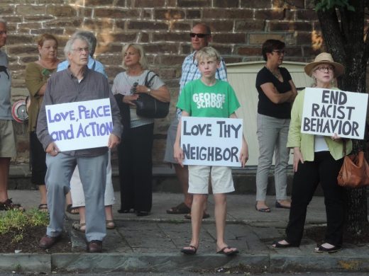 Love and ending racism are among the messages conveyed at the peace vigil in Newtown Borough on July 12. Credit: Petra Chesner SchlatterNewtownPANow.com