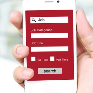 Job search on smart phone screen over blur office