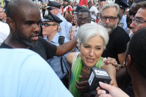 Dr. Jill Stein, Green Party candidate for president, talks to reporters after speaking to supporters in Philadelphia at a rally during the DNC. Credit: Tom Sofield/NewtownPANow.com