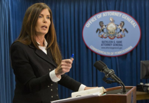 Attorney General Kathleen Kane speaking to reporters in 2014. Credit: State of PA