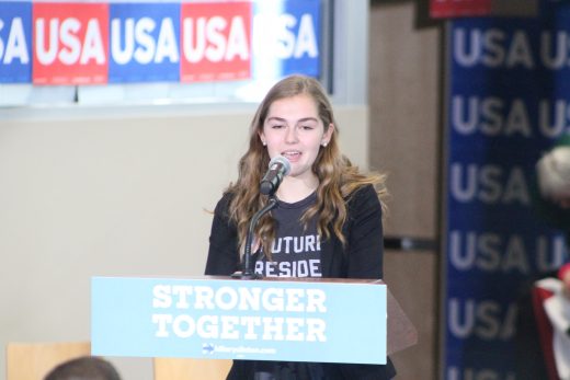 Katie Schulz of Lenape Middle School spoke while wearing a shirt that read "Future President." Credit: Tom Sofield/NewtownPANow.com