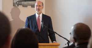 Gov. Wolf speaking in Middletown Friday. Credit: PA Internet News Service