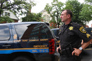 Sheriff's Office Deputy Joseph Rafferty in Doylestown during a 2014 warrant sweep.  Credit: Tom Sofield/NewtownPANow.com