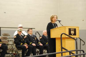 Community college President Dr. Stephanie Shanblatt speaking to graduates.  Credit: Bucks County Community College